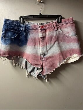 Hand Painted American Flag High-Rise Denim Shorts cut off - Blue/Red/White  40